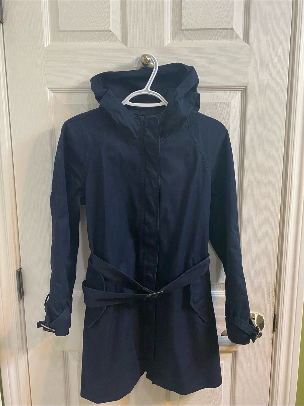 J. Crew Cotton Navy Hooded Belted Women’s Spring Parka Jacket Size 6 Gold Zipper